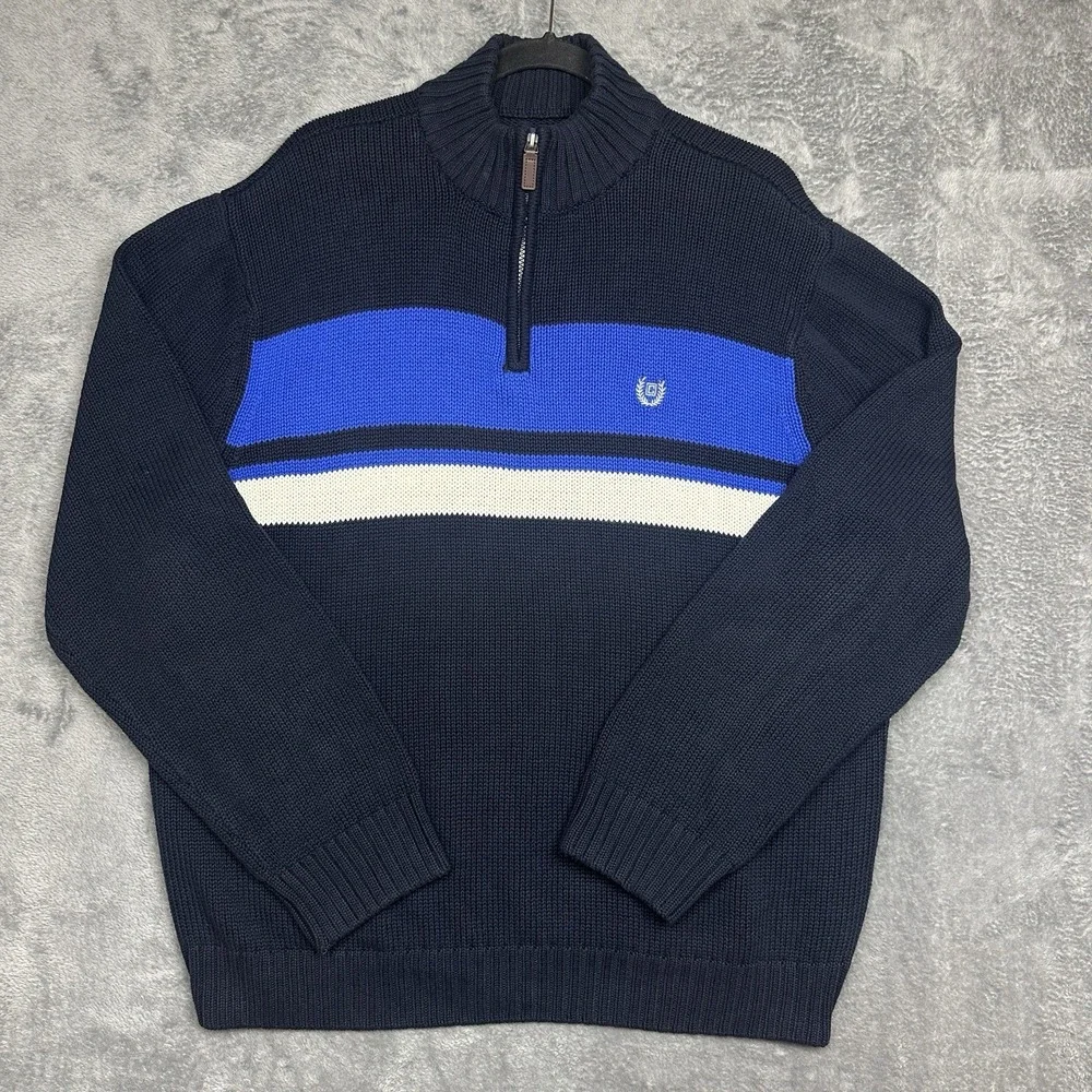 Chaps Pullover Sweater Men's Size XL Black Blue 1/4 Zip 100% Cotton Preppy Y2K
